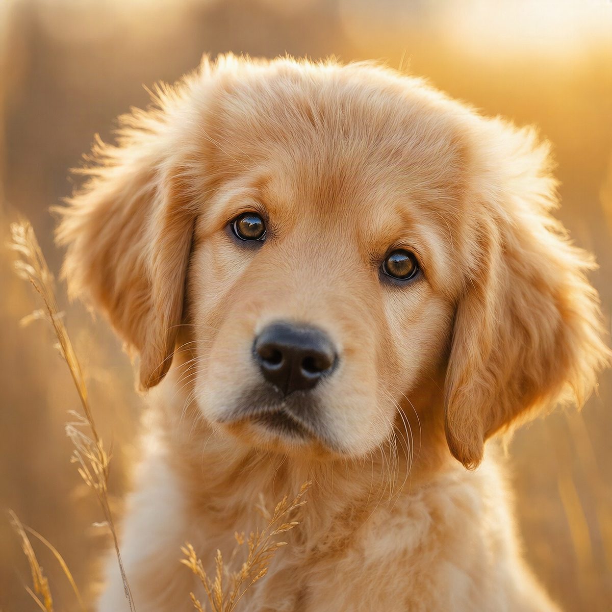Close-up portrait of a golden retriever puppy in warm grass, soft bokeh background, late afternoon golden hour light, shallow depth of field