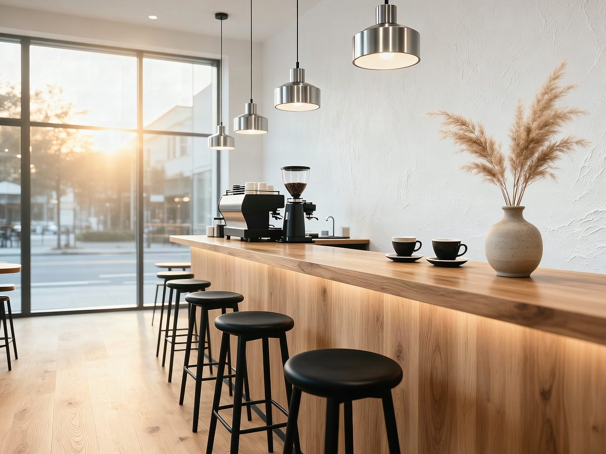 Interior photograph of a minimalist coffee shop with wooden counters, hanging pendant lights, soft morning light through large windows