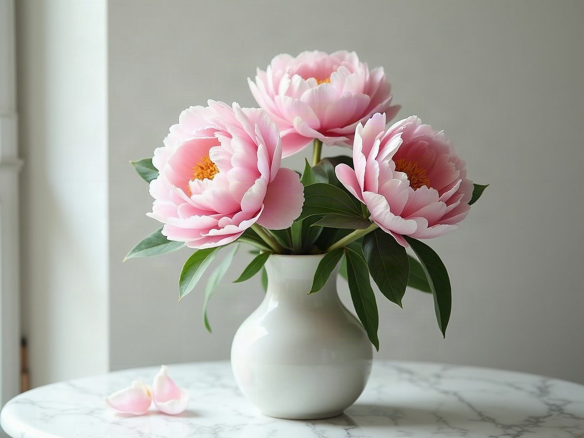 Still life photograph of fresh peonies in a ceramic vase on a marble table, soft window light, muted pastel palette, fine art still life