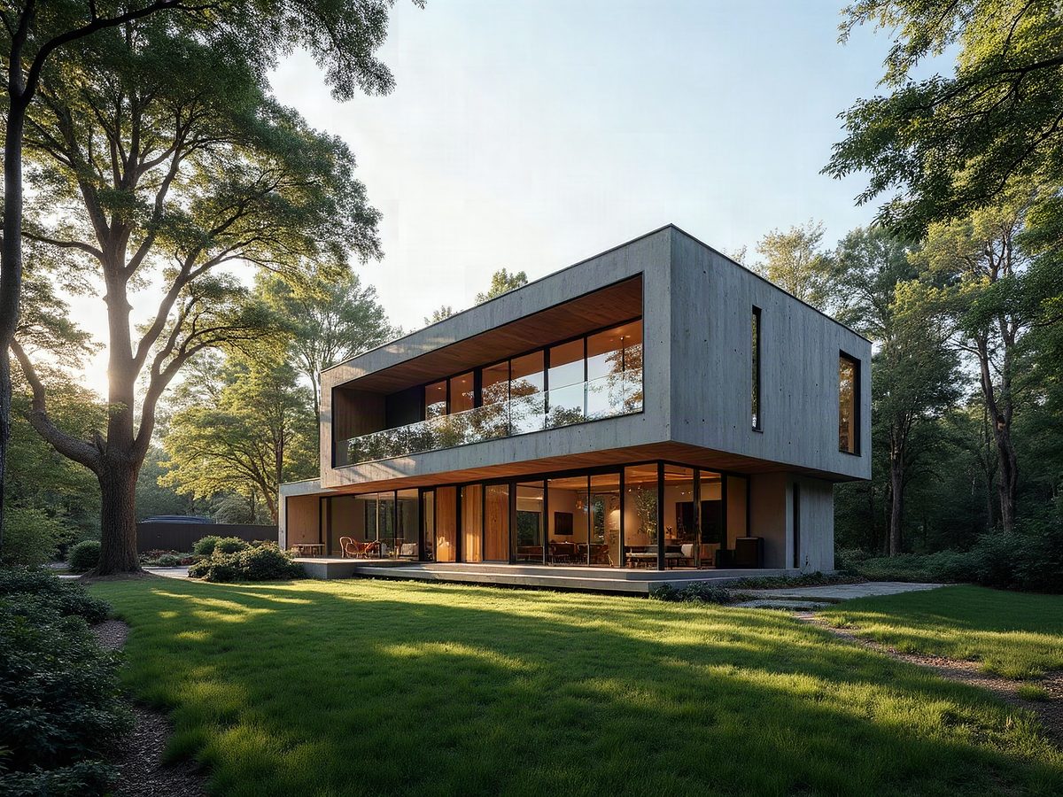 Wide architectural photograph of a modern concrete house exterior with large glass windows, surrounded by trees, late afternoon light, architectural photography