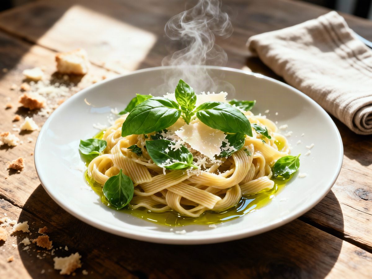 Overhead flat-lay food photography of a fresh pasta dish with basil and parmesan, rustic wooden table, natural light, shallow shadows, restaurant menu quality