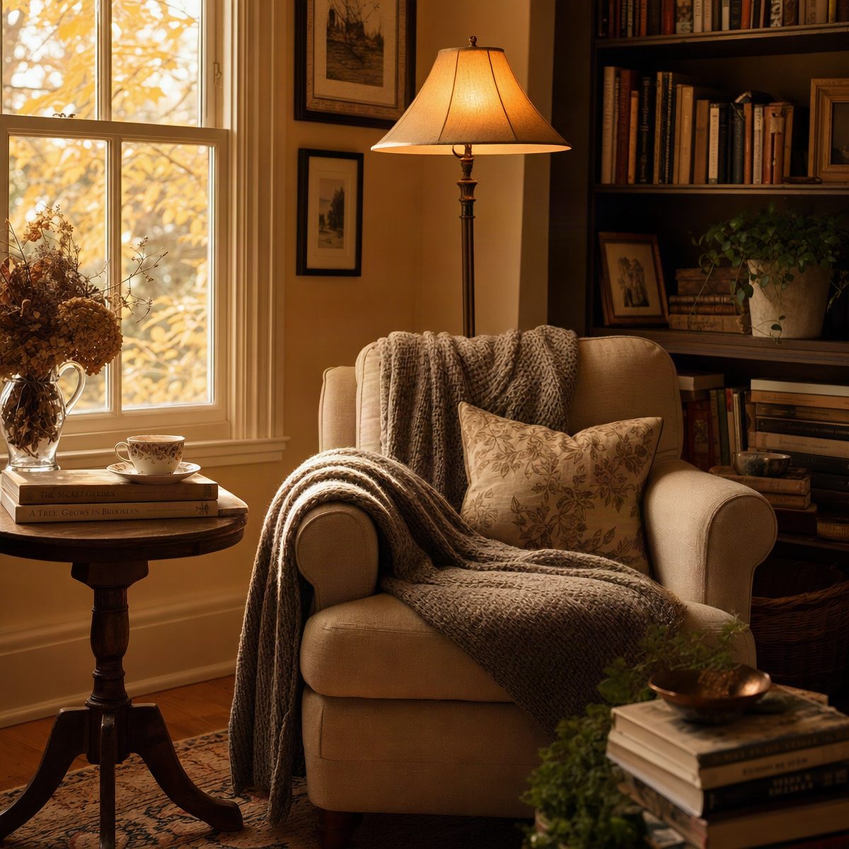Cozy interior photograph of a reading nook with a soft armchair, warm lamp light, stacked books, a cup of tea, autumn afternoon light
