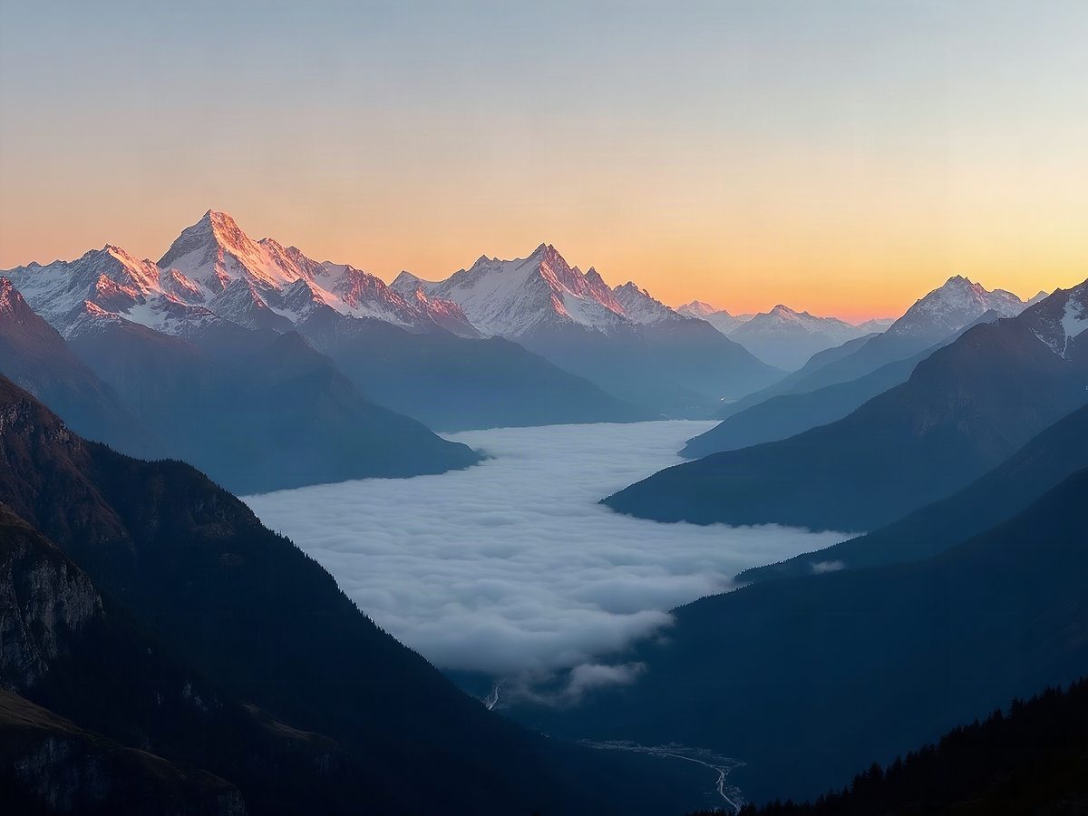 Wide landscape photograph of a dramatic mountain range at sunrise, layered fog in the valleys, golden light on the peaks, epic scale