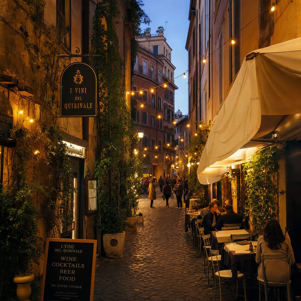Street photography of a European cobblestone alley with hanging string lights, warm evening glow, café tables, cinematic urban atmosphere