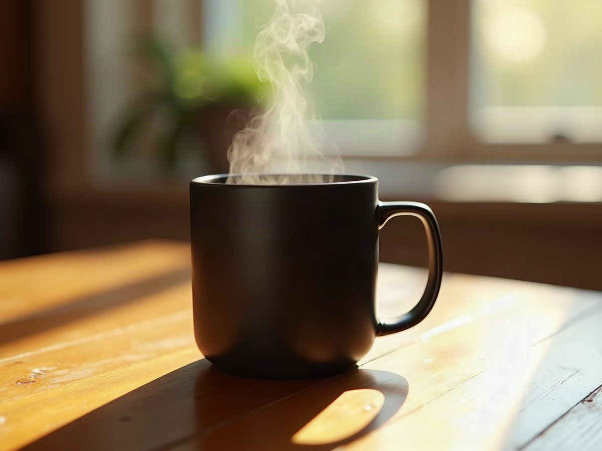 Product photograph of a matte black ceramic coffee mug on a warm wooden table, morning sunlight through a window, steam rising, shallow depth of field, commercial product shot