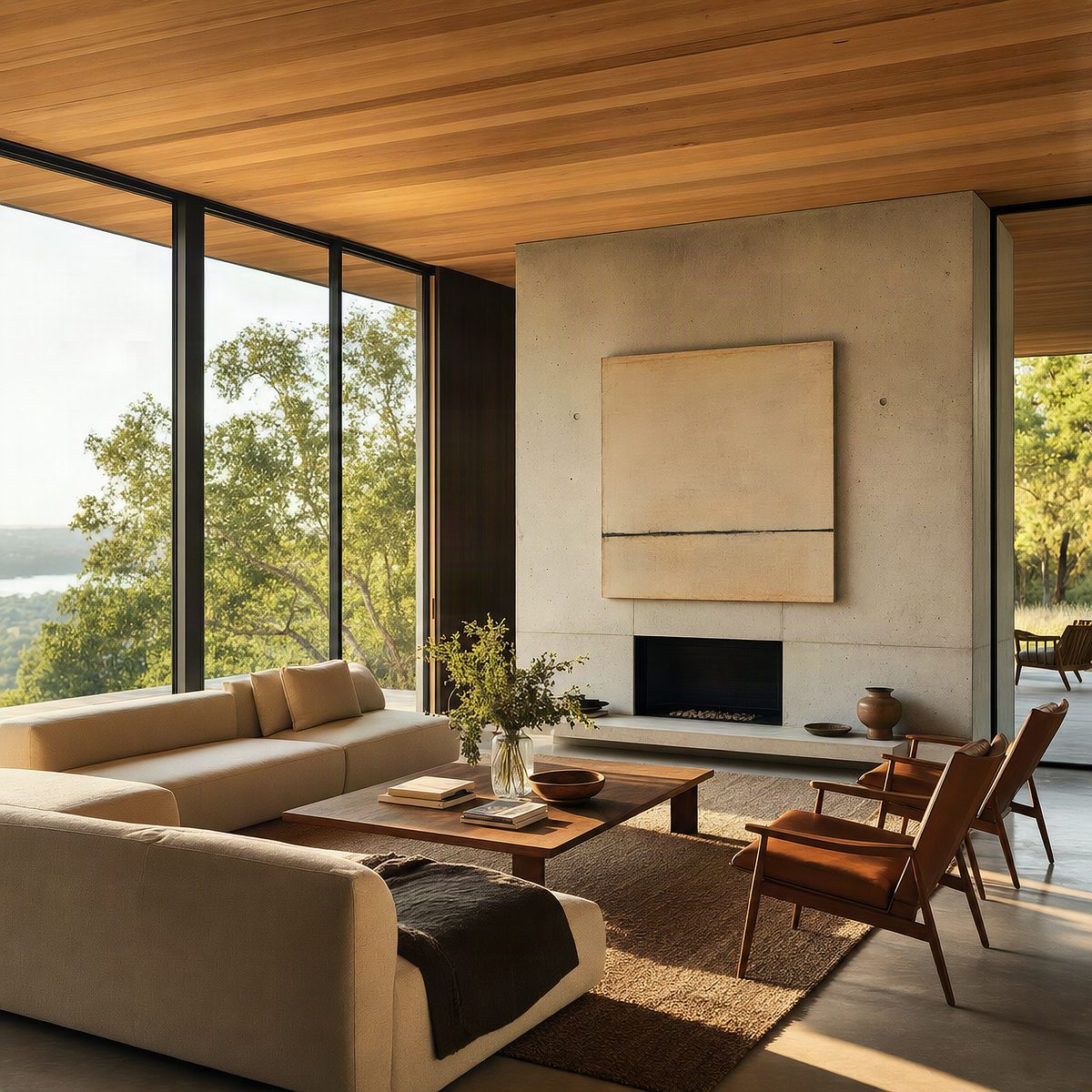 Minimalist modern living room interior, floor-to-ceiling windows, warm afternoon light, mid-century furniture, architectural digest style photography