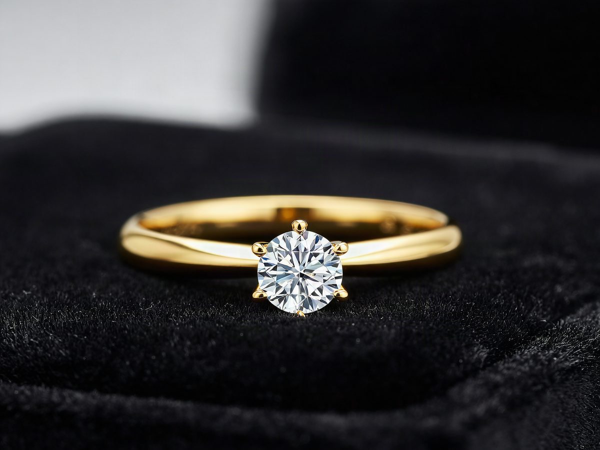 Macro product photograph of a gold ring with a diamond on a black velvet surface, studio lighting, high detail, luxury jewelry photography