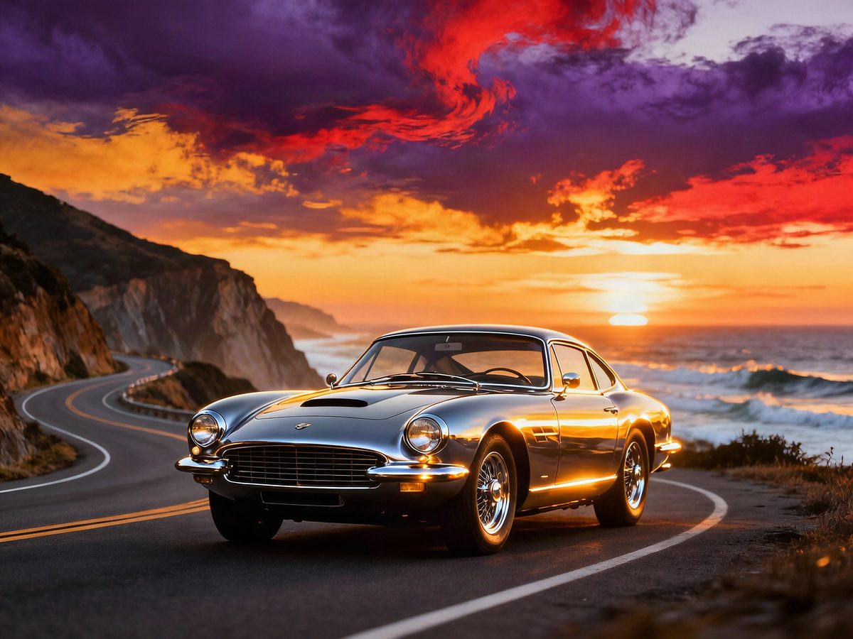Editorial photograph of a classic sports car parked on a coastal road at sunset, warm rim light on the body, dramatic sky