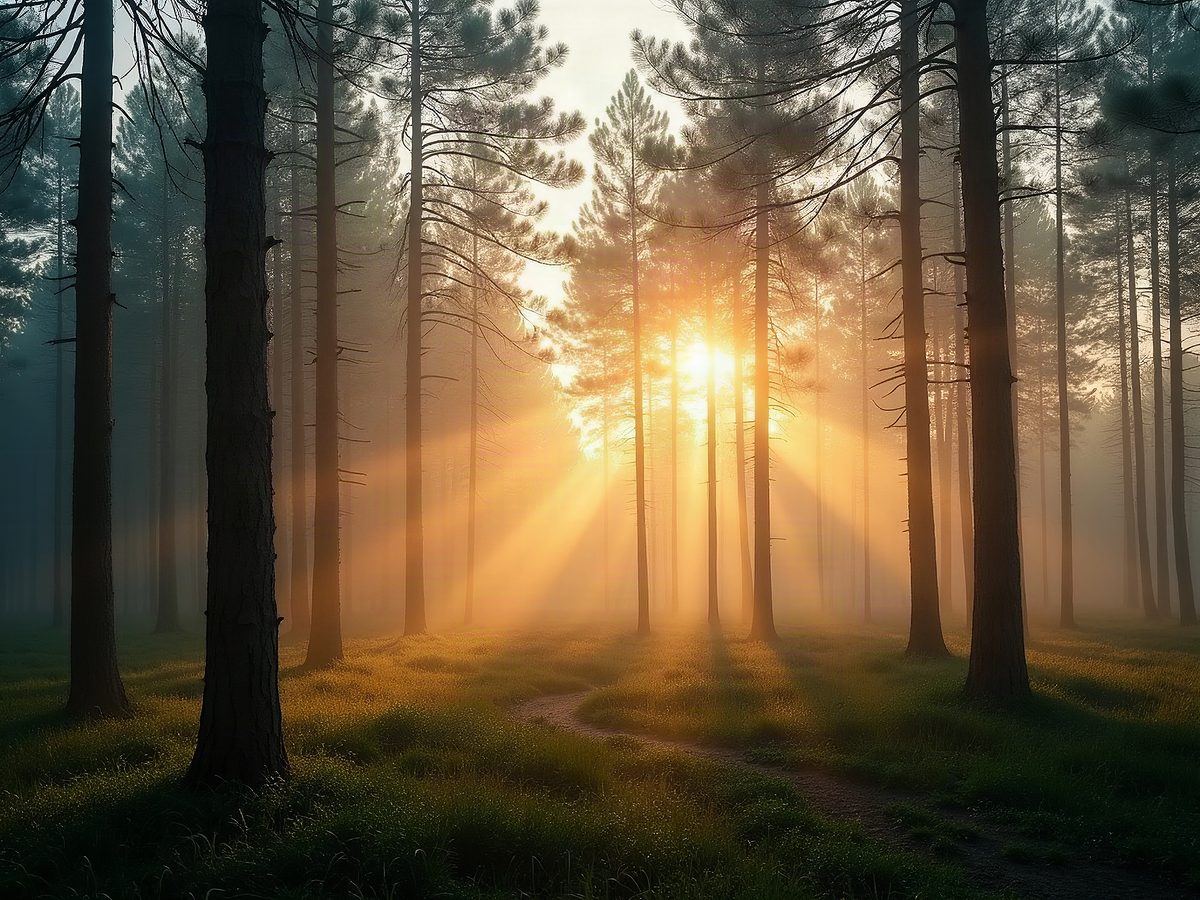 Wide landscape photograph of a misty pine forest at sunrise, golden light rays through the trees, dew on the ground, national geographic style
