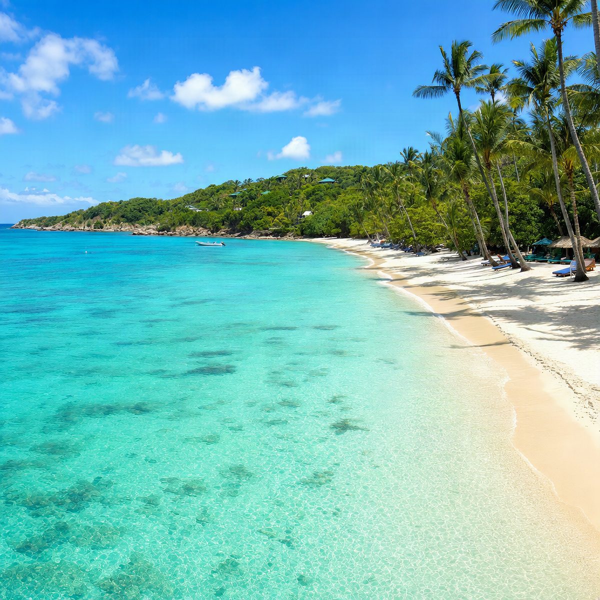 Wide photograph of a calm turquoise ocean bay with white sand beach, palm trees, bright midday sun, travel photography